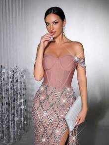 奢华闪亮厚水晶钻石亮片透视网纱长裙，单肩领口设计，性感紧身剪裁，适合婚礼伴娘礼服、女士明星正式晚宴、节日派对等场合。 - 咖啡棕 - 查看 8