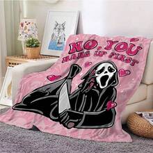1pc Halloween Theme Fleece Blanket, Featuring Scream Face "NO, YOU HANG UP FIRST" & Heart Pattern, Plush Flannel Blanket For Autumn, Super Soft Valentine's Day Gift Blanket, Holiday Decor & Gift Choice, Suitable For Living Room, Bedroom, Office, Camping, Party, Gift For Family & Friends, Nap Blanket | Sofa Throw | Air Conditioning Blanket, Multiple Sizes Available, Pink Blanket