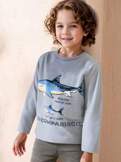 Young Boys  Long Sleeve T-Shirt, Cartoon Shark Print Pattern, Fashionable For Autumn & Winter