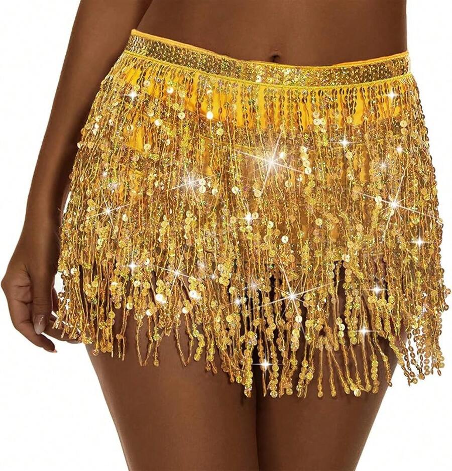 Halloween Halloween Essentials Party Limited Edition Women's Belly Dance Scarf Skirt Sparkly Tassel Disco Outfits Sequin Wrap Rave Costumes Fringe Skirt - 金色 - 查看 1