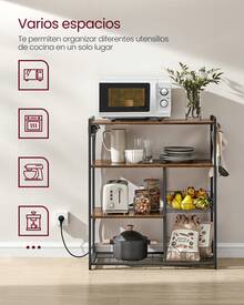 VASAGLE Estantería de Cocina con 2 Cestas de Malla, Estantería para Microondas, Estación de Carga, con Estantes y Ganchos, 35 x 80 x 93,5 cm, Estilo Industrial, Marrón Rústico y Negro Tinta - Marrón Rústico y Negro Tinta - Ver 2