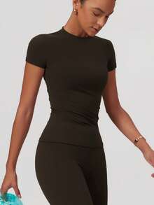 女士T恤秋季休闲纯色户外跑步运动短袖瑜伽健身服