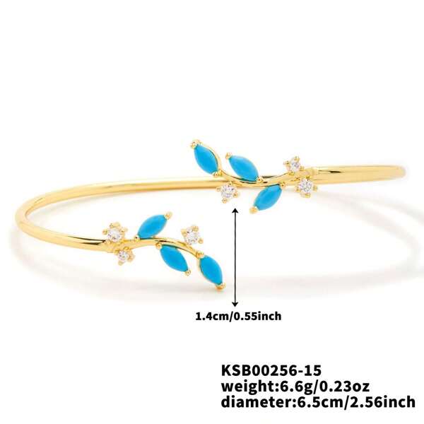 Set de 2 piezas de brazalete abierto en forma de hoja y anillo chapado en oro de 16K, minimalista