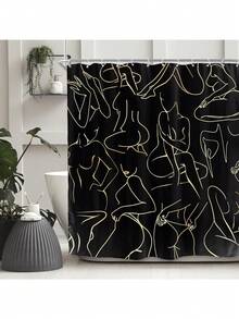 Abstract Shower Curtain With Hooks, 66x72 Inch, Waterproof Modern Minimalist Line Art Ladies Aesthetic Creative Bath Curtain - A-Vàng đen - Xem 4