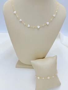 Heart-Shaped Necklace And Bracelet Set With Clear Round Ball In 18k Gold And 925 Silver Plated - 金色 - 查看 2