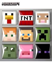 Minecraft 9PCS Minecraft Official Cute Fridge Magnets Set Creeper Steve Enderman Zombie 2 Styles Glass Decor For Kitchen Living Room Collector's Gift For Christmas Halloween Birthday Perfect For Fans Family & Friends