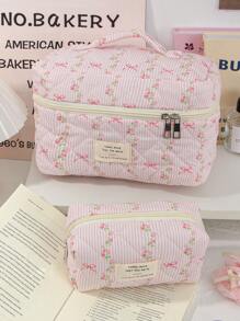 1 件/3 件可爱粉色花卉化妆包可爱蝴蝶结印花化妆品收纳包柔软面料化妆收纳包泡沫绗缝化妆包时尚粉色条纹印花化妆包大容量旅行洗漱包便携式化妆手提包拉链旅行必需品收纳包休闲化妆手拿包 - 粉色 - 查看 12