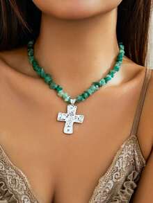 1 chiếc vòng cổ hạt Bohemian thiết kế độc đáo với mặt dây chuyền thánh giá cổ điển, đa năng cho mọi dịp, lựa chọn quà tặng tuyệt vời - Bạc - Xem 2