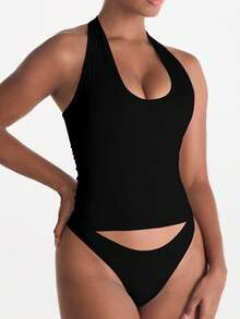 XLLAIS Sexy Backless Halter Tops Fashion U Neck Elastic Casual Slim Fit Women's Camisole Back To School Halloween - Black - View 4