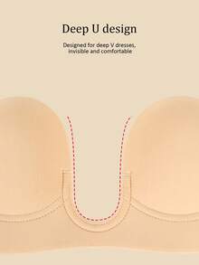 Solid Self Adhesive Strapless Bra Deep U Plunge Strapless Backless Sticky Underwire Push Up Adhesive Bra - Apricot - View 4