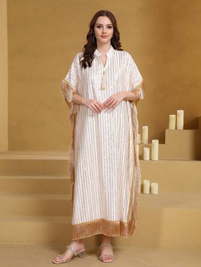 ASBB Vestido JALABIYA de mujer árabe con bordado de lentejuelas doradas, flecos y bajo con abertura, vestido elegante blanco para fiesta de mujer 2026, vacaciones, uso casual, atuendo para el Día Nacional de Arabia Saudita