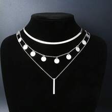 17KM 3 件简约圆形圆盘流苏一体式吊坠多层项链，适合度假、派对、约会、日常佩戴 - 銀色 - 查看 5