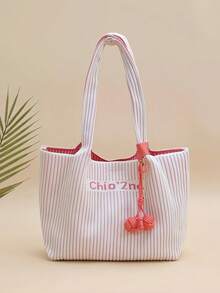 Chio2nd Commuter Pink Wave Tote Bag 2024 New Fashion Large Bag Women's Shoulder Bag Color Matching Knitted Bag, Suitable For Office Workers, Ladies, Girls(Without Pendant)