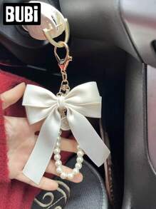 Pearl Bow Keychain For Women Female Lady Girls Fashion Ornaments Universal Bag Pendant Car Key Chain Wristlet Handbag Decoration Holiday Gift Auto Accessories