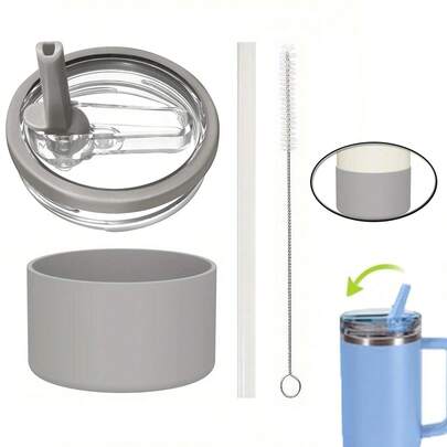 4 Stücke kompatible Cup Zubehörteile, einschließlich 1 Stück 40 Unzen Tumbler Klapps-Strohhalm-Deckel Ersatz, 1 Untersetzer 7,5 cm, 1 Strohhalm, 1 Bürste passend, wiederverwendbare Tumbler Abdeckung, 1 Stück auslaufsicherer spritzfester Tumbler-Deckel für Cup