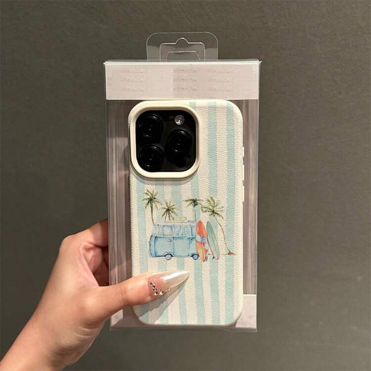 1pc TPU Material Summer Coconut Tree & Surfboard Striped Pattern Phone Case Compatible With Applnmi Phones - White - View 2