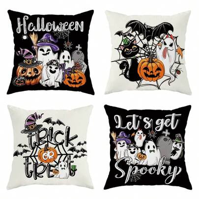 4PCS Halloween Pillowcase Decorative Velvet Pillowcase Spooky Halloween Cat Pumpkin Ghost Vintage Decorative Sofa Bed Outdoor Indoor Black & White Ghost Single Sided Without Pillow Core