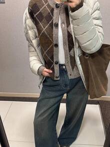 山茶花女装秋冬新款菱格纹长袖单排扣休闲开衫 - 棕色 - 查看 3