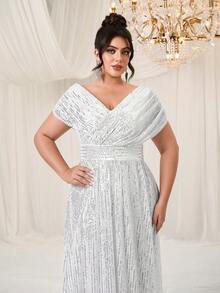 YISIKADO 大码女式亮片V领披肩短袖派对晚礼服 - 白色 - 查看 6