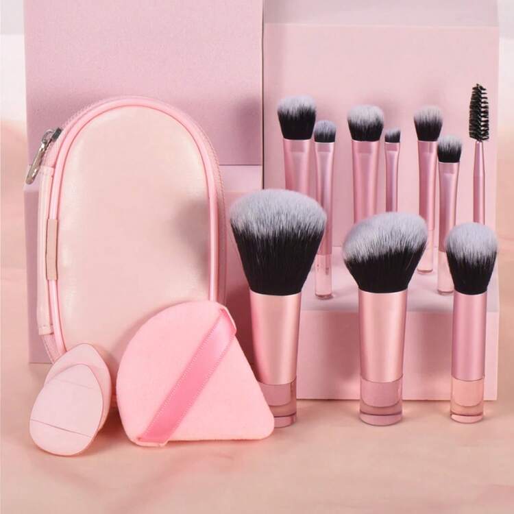 10 Mini brocha de maquillaje rosa, herramienta de maquillaje portátil de viaje, esponja de maquillaje, brocha de palma, juego de herramientas de maquillaje profesional - 14 piezas - Añade 10