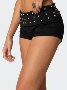 Women Y2K Elastic Studded Fold Over Micro Shorts Low Rise Rivet Embroidered Slim Fit Mini Shorts Punk Stretchy Foldover Boxers Shorts Cute Going Out Shorts Party Club Streetwear - 黑色 - 查看 6