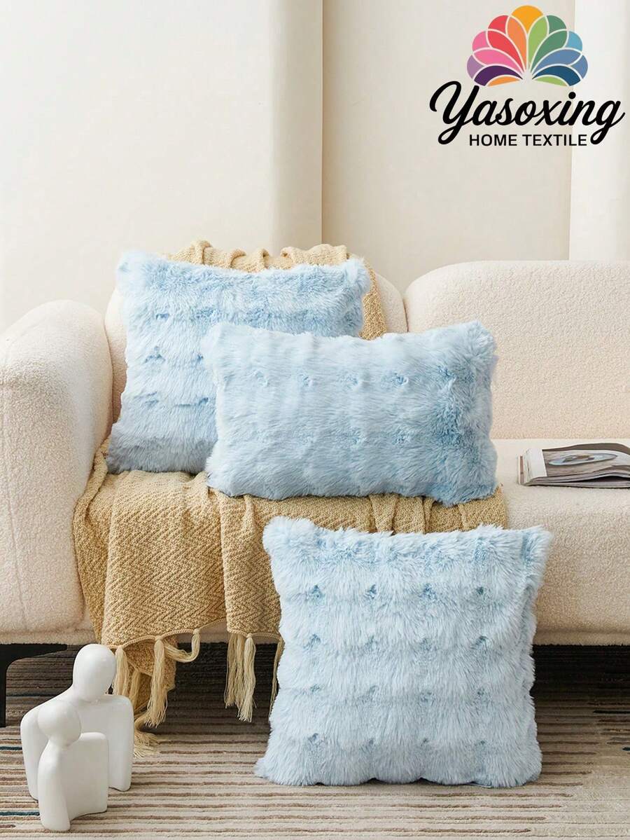 1个天蓝色仿毛皮装饰枕套（不含枕芯），现代法兰绒绒面抱枕套，拉链封口，适用于家居、沙发、客厅 - 淺藍色 - 查看 1