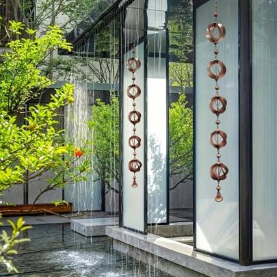 1 Piece Of 46.4-Inch Rotating Rain Chain - Iron Decorative Drainage Pipe With Bell, Outdoor Weather Resistant Drainage And Courtyard Decoration, Suitable For Terraces, Porches, Gardens, Traditional Design With Exquisite Details, Weather Resistant Surface Treatment