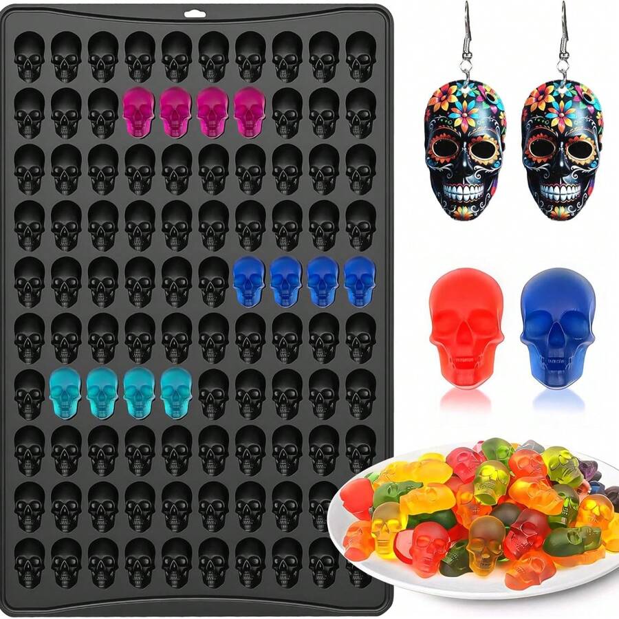 Gummy Candy Mold Silicone, 100 Cavity Halloween Skull Chocolate Silicone Mini Skull Molds For Chocolate, Gummies, Candy, Biscuits, Cookie, Jelly, Ice, Dog Treat