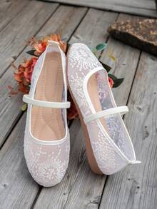 2025 秋季圆头蕾丝网眼女鞋，亮片刺绣花卉装饰，时尚舒适透气芭蕾平底鞋，松紧带一脚蹬 - 白色 - 查看 5