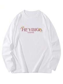 女士棉质宽松休闲长袖T恤，带字母、花朵和蝴蝶结印花，时尚百搭，春秋季