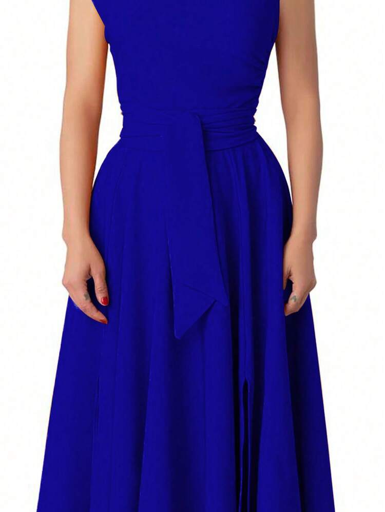 Plus Size Solid Color Knit Fabric Criss-Cross Casual Dress - Blue - View 5