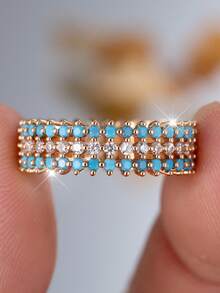 1 件奢华三排方晶锆石女士订婚派对闪亮戒指，优雅宽新娘结婚戒指，配黑白锆石首饰 - 戒指 - 查看 7