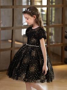 女童黑色短款薄纱星星印花派对连衣裙 - 黑色 - 查看 9