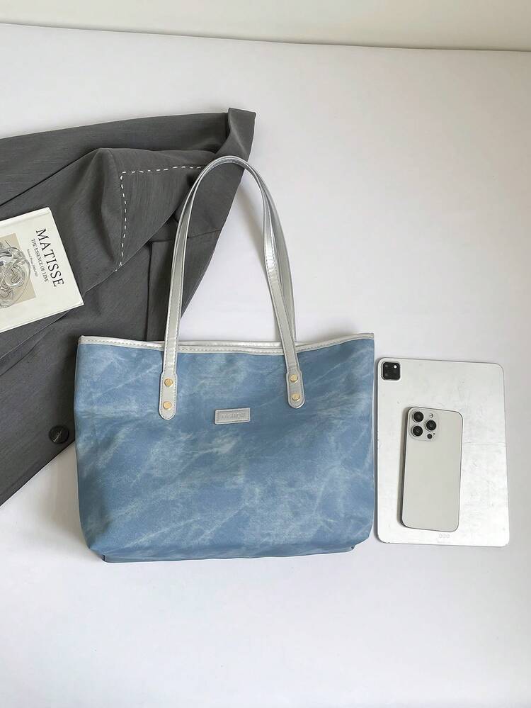 Retro Faux Denim PU Tote Bag, Large Capacity, Handbag, Shoulder Bag, Suitable For Women Shopping, Work Commute, Student Back To School And Daily Use - Baby Blue - View 3