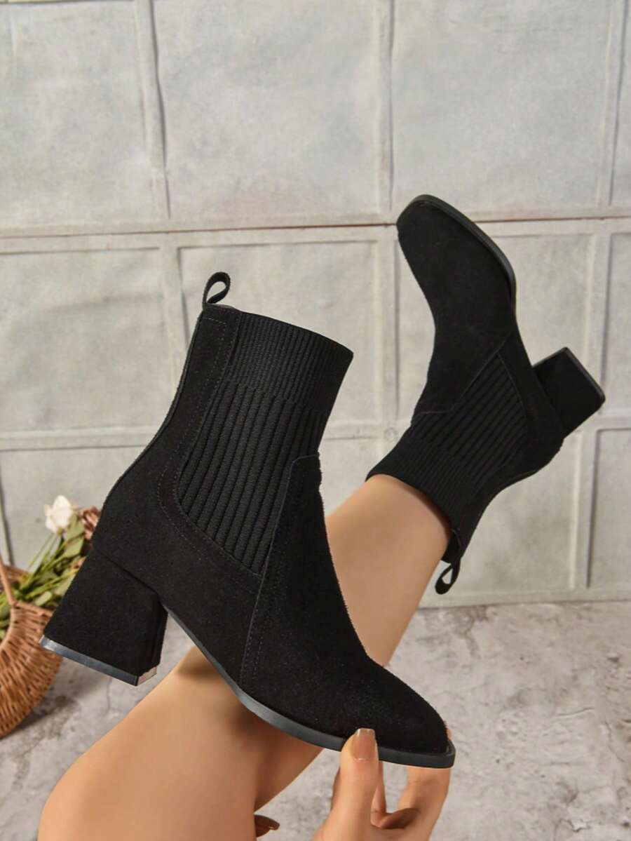 1 Par de Botas Femininas de Cor Sólida, Sexy, Retalhos de Tecido, Cano Médio, Salto Grosso, Adequado para Festa, Todas as Estações