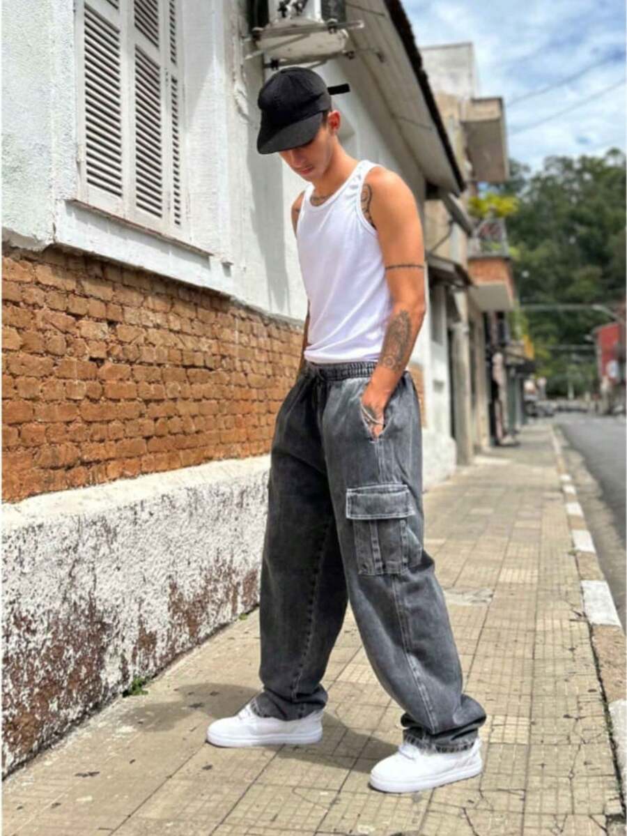 BOYS' CARGO PANTS FOR TEENAGERS, LOOSE FADED PANTS, GRAPHITE GREY, BLACK JEANS, SIZES 10 TO 16 - Đá lửa - Xem 1