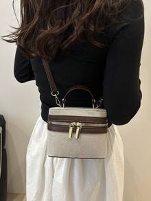 复古简约拼色小盒子手提包、女士单肩包 - 咖啡棕 - 查看 2