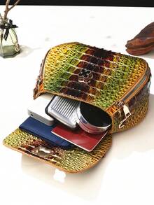 Classic Solid Color Mini Square Handbag, Crocodile Pattern Top Handle Bag For Women - 6#黃+棕 - 查看 7