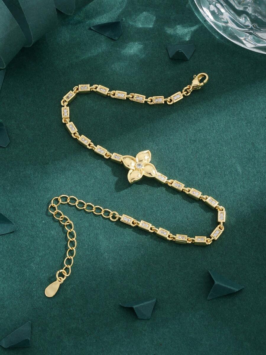 1 件高品质欧美方晶锆石镀铜 18K 四叶草和星空手链，女士礼物，日常佩戴 - 金黃色 - 查看 1