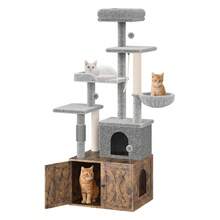 Cat Tree With Litter Box Enclosure, Hidden Cat Washroom Furniture,All-In-One Indoor Kitten House W/Scratching Posts, Multiple Platform And Condo, Modern Style Cat Tower, Hammock - 棕色 - 查看 3
