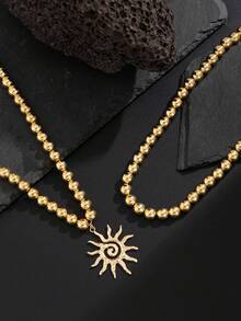 2pcs/Set Sunflower Pendant Beaded Double-Layer Necklace Set, Fashionable & Versatile For Men - Sunflower - View 6