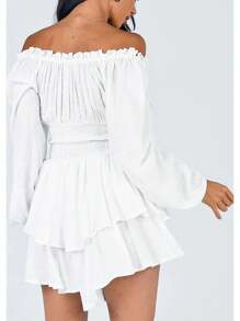 White Flowy Pirate Dress Halloween Fairy Costume Women Girls Y2k Long Sleeve Ruffle Off Shoulder Corset Mini Romper Dress Babydoll Casual Shorts Jumpsuit Cute Preppy Country Concert Cowgirl Outfits Halloween Cosplay Party Dresses - White - View 4