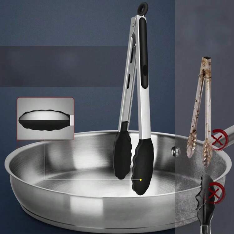 不锈钢耐热厨房夹钳、烧烤夹钳、不粘硅胶尖头夹钳、强力抓握食物、拌沙拉、空气炸锅、带锁定设计、适用于厨房烹饪、烘焙、家居、户外烧烤、沙拉 - 彩色 - 查看 7