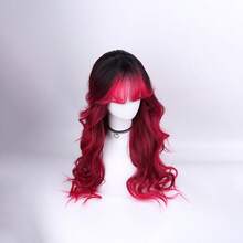 26-30 Inch Rose Pink Ombre Wig For Women - Curly Synthetic Hair With Bangs & Rose Mesh Cap, Heat-Resistant For Daily Wear & Themed Parties - Purple - View 7