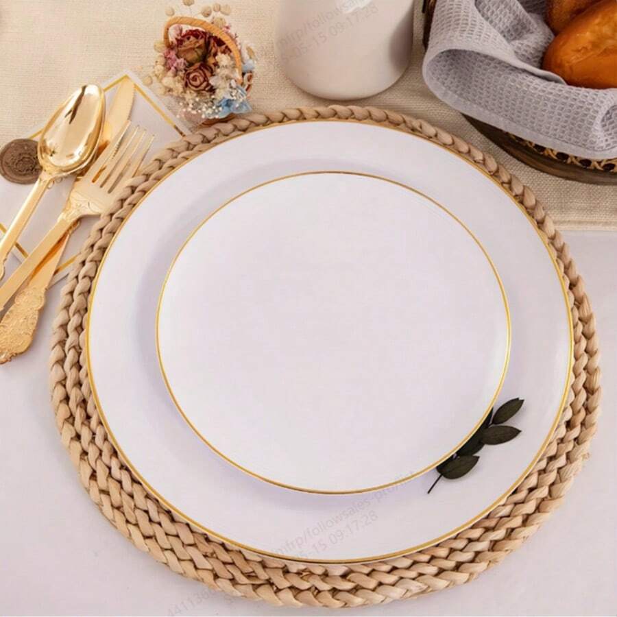 Bộ 20 đĩa bánh và tráng miệng tròn viền trắng, bao gồm (đĩa phục vụ đường kính 7.5 inch/10.25 inch) và đĩa salad trái cây tái sử dụng chất lượng cao, dễ vệ sinh, lý tưởng cho đám cưới, Ngày lễ tình nhân, sinh nhật và các buổi họp mặt ngày lễ. - trắng - Xem 1