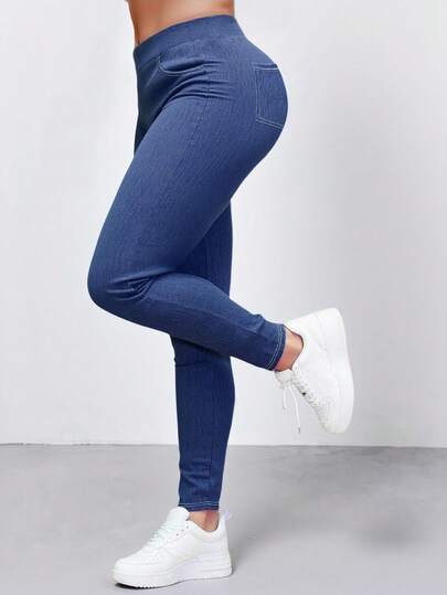 Quần dài nữ cỡ lớn, cạp chun co giãn, kiểu dáng jegging, có túi trước và sau, chất liệu vải dệt kim thoải mái và thời trang, thích hợp mặc ở nhà vào mùa xuân.
