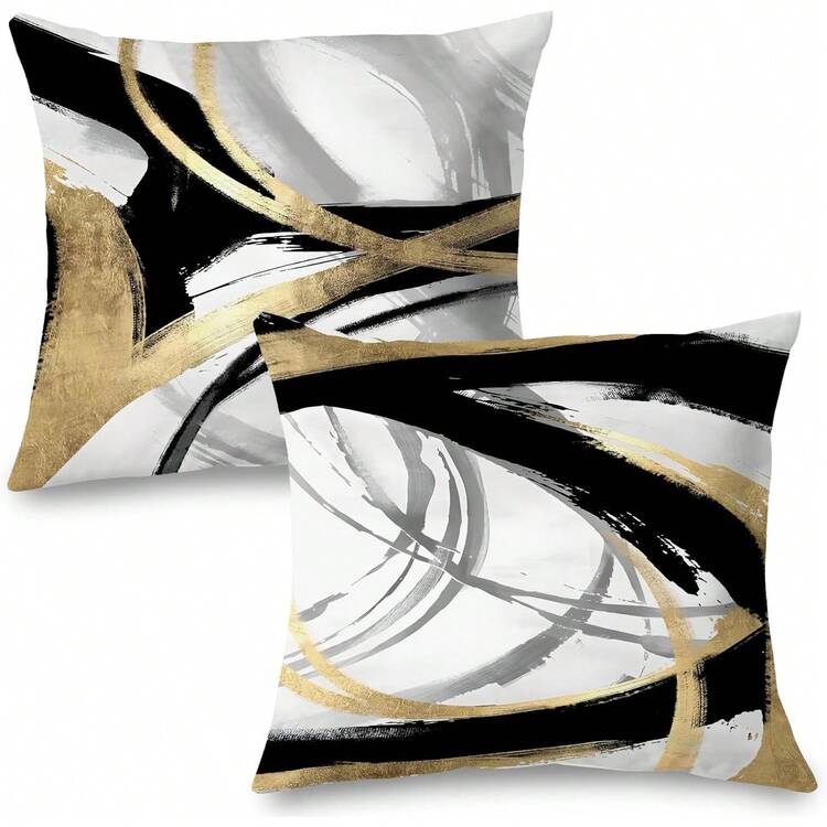 Black White And Gold Pillow Covers, Abstract Black And Gold Pillow Covers 18x18 Set Of 2, Modern Boho Home Decor, Black And Gold Decorative Throw Pillows Cover Couch Living Room Bedroom - 黑色和金色 - 查看 1