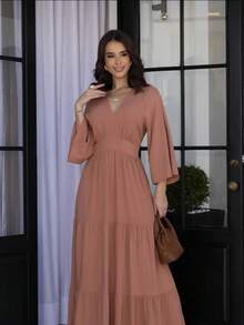 Long Dress In Premium Viscolinho With Tube Sleeves And V-Neckline - Cà phê Cappuccino - Xem 2