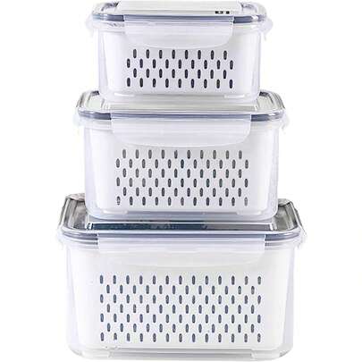 3 Pack Fruit Storage Containers For Fridge, Produce Saver Vegetable Container With Drain Colanders - Refrigerator Organizer For Lettuce Berry Keepers