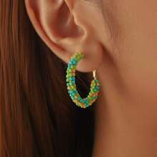 1 Pair Summer Colorful Beaded Earrings, Fashion Gradient Bead C-Shape Earrings, Stylish Vacation Vibe Essential